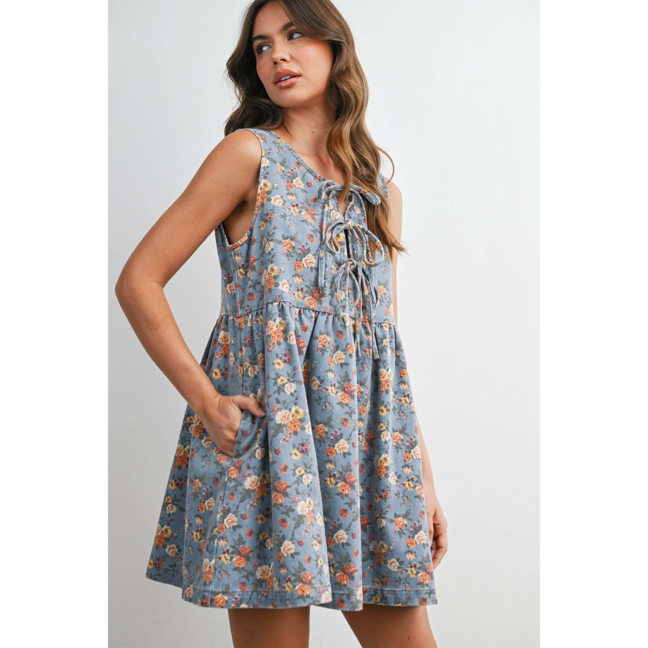Floral Babydoll Denim Dress