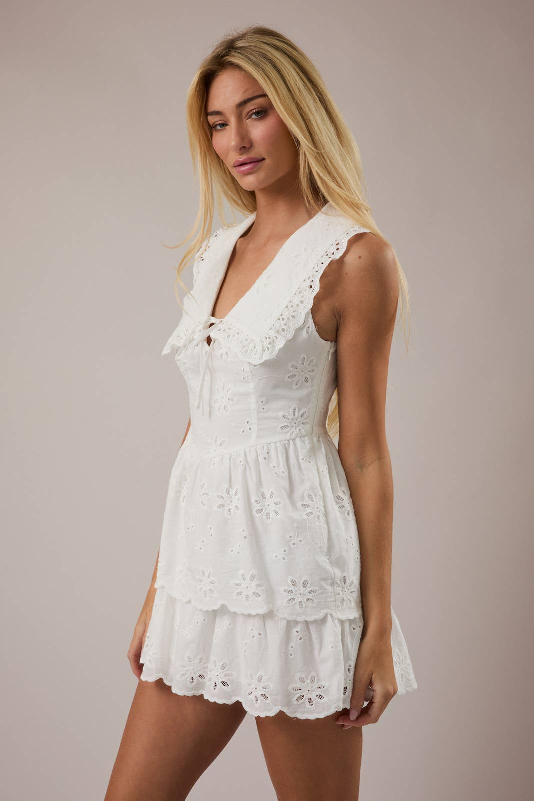 WHITE EYELET MINI DRESS