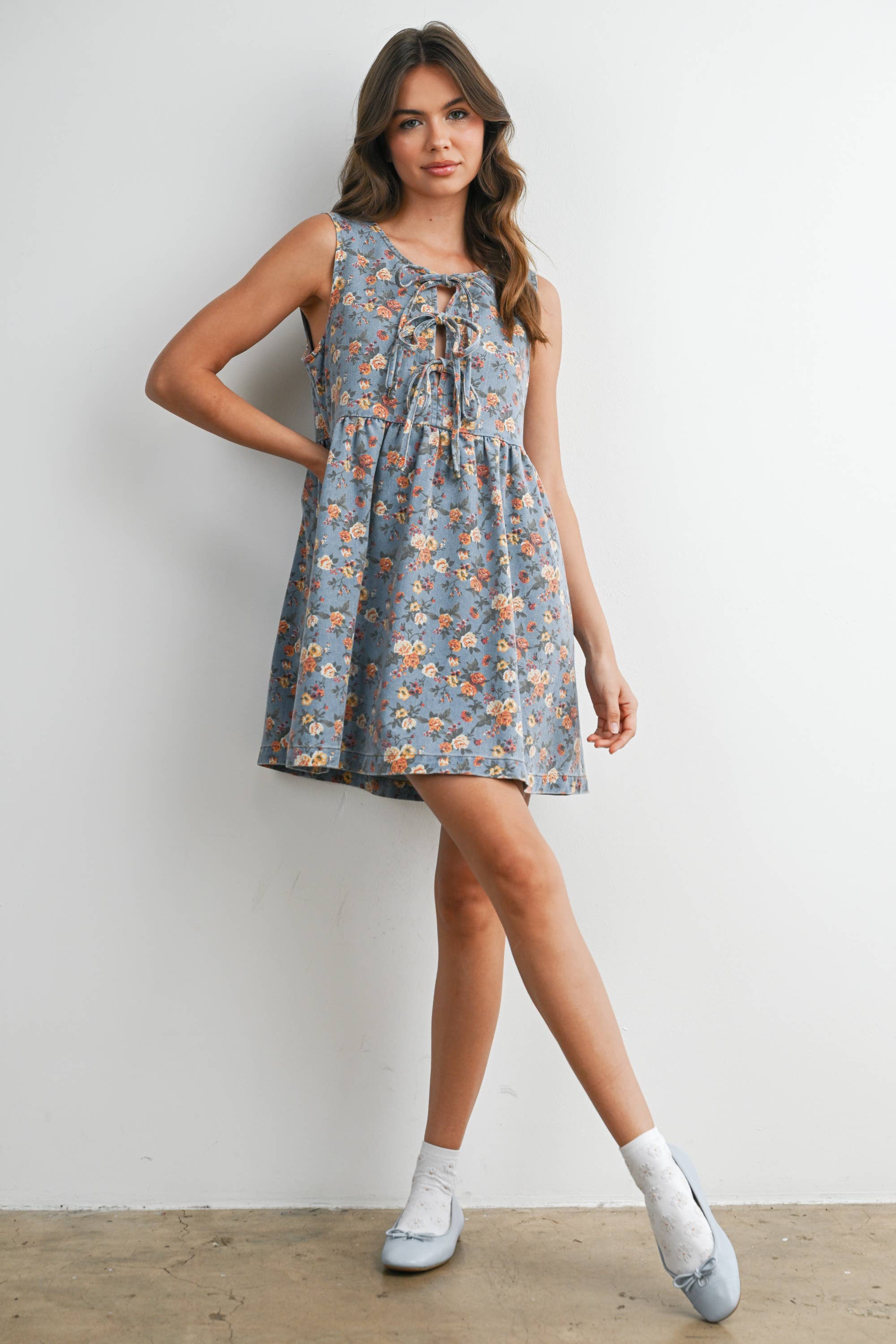 Floral Babydoll Denim Dress