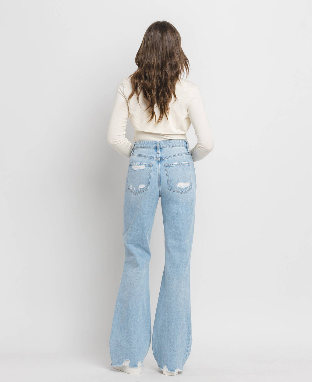 90'S VINTAGE SUPER HIGH RISE DISTRESSED FLARE JEANS